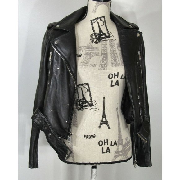Sam Edelman Starburst Studded Crop Moto Jacket, Black Leather, Women's Size XS - Picture 2 of 8